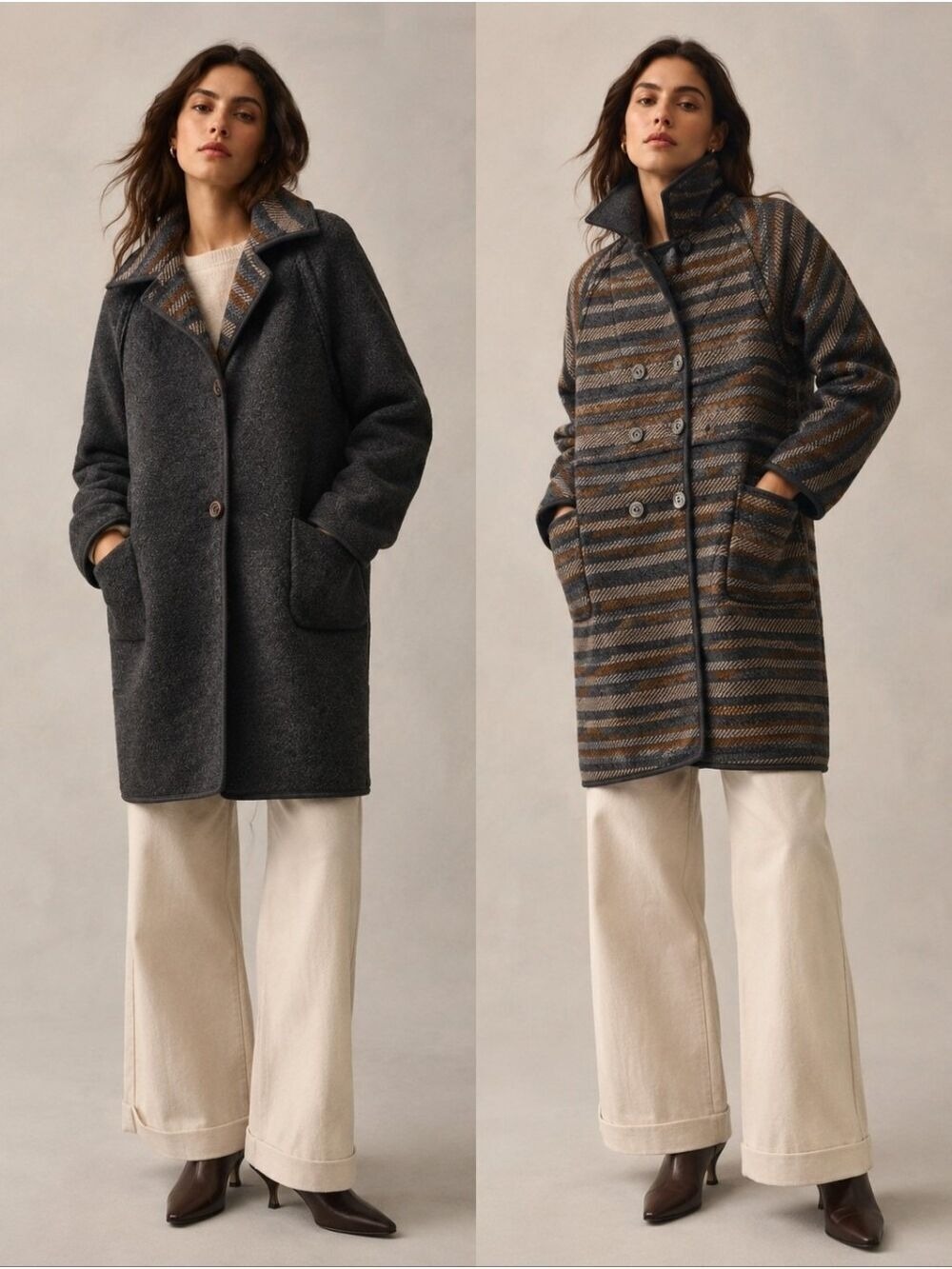 Reversible Button Front Coat Jacket Womens M Beige Brown Wool Blend Pockets